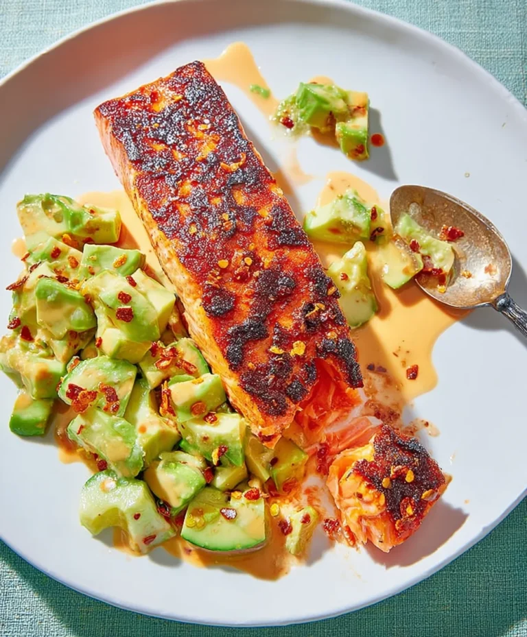 Chili Crisp Salmon – Fresh Avocado Cucumber Salad