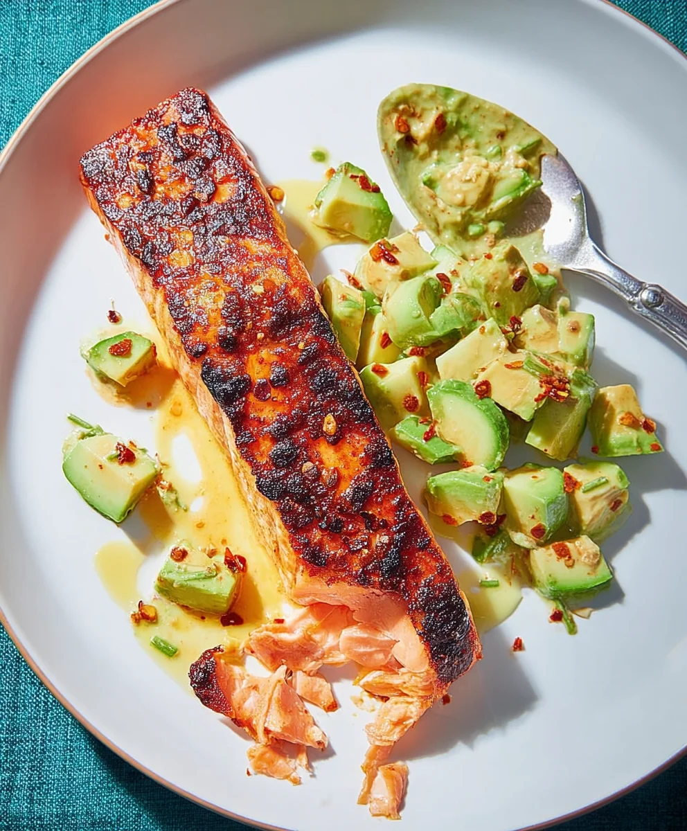 Chili Crisp Salmon - Fresh Avocado Cucumber Salad